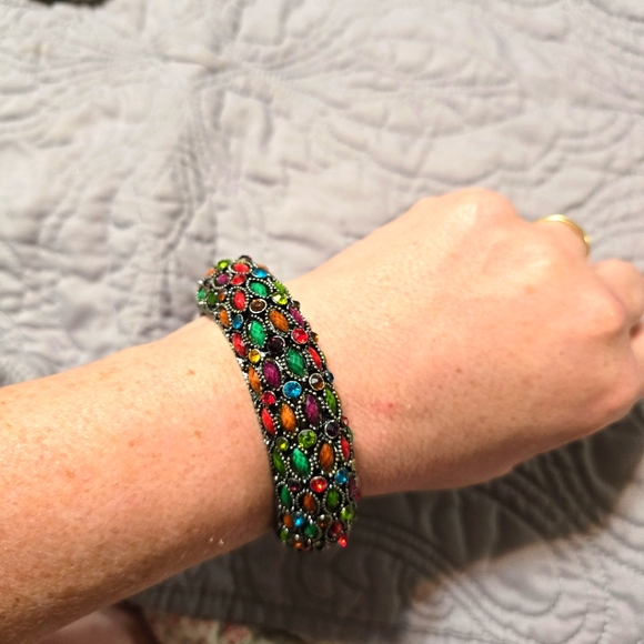 Jewelry - Gypsy Jewels Bright Multi Colored Statement Funky Wide Rhinestone Hinged Bracele